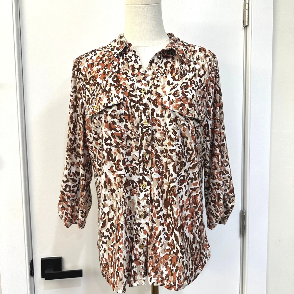 Emily Daniels 3/4 Sleeve Foil Abstract Animal Print Embellished Top L Shimmer